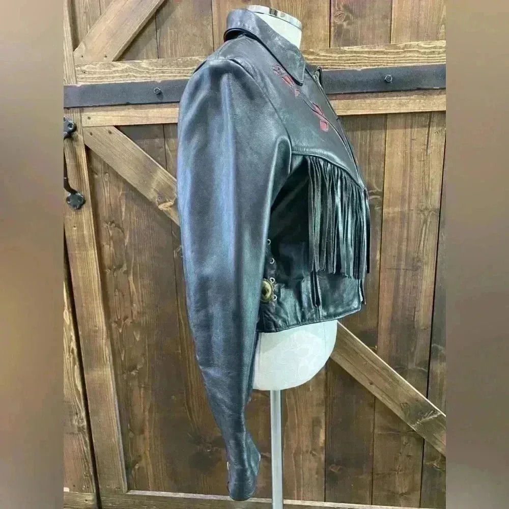 PROTECH Vintage Motorcycle Jacket Black Leather Fringed with Red Roses Size 12 - Picture 4 of 7